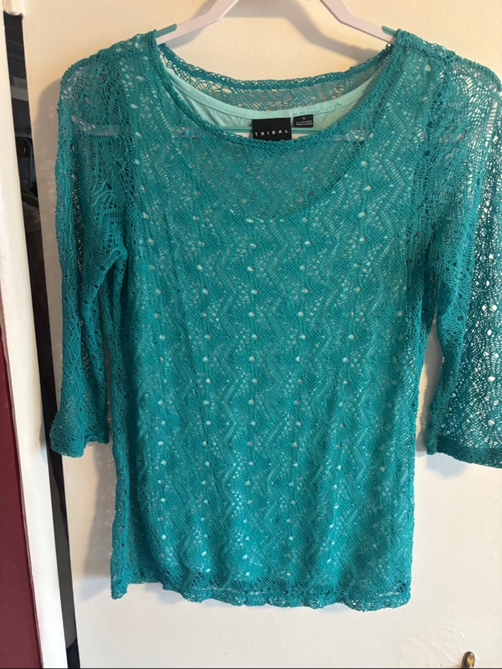 Tribal Teal Crochet Overlay Tunic Top